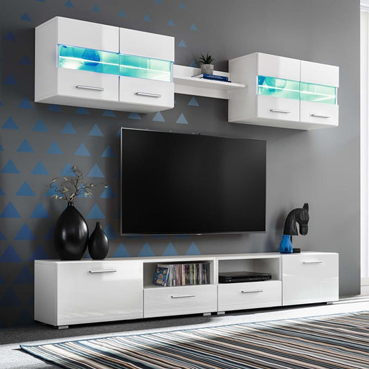 TV-möbel 5 delar med LED-belysning högglans vit