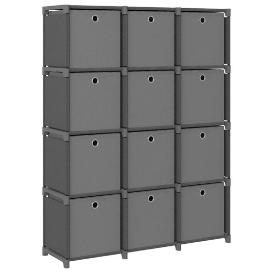 Hylla med 12 kuber med lådor grå 103x30x141 cm tyg