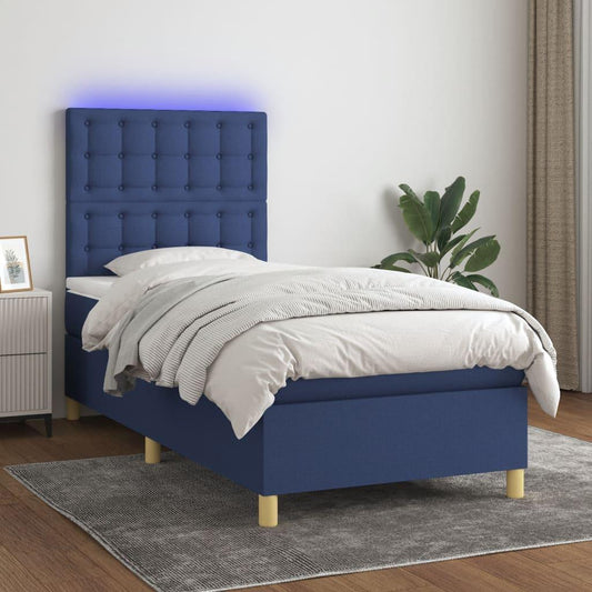 Ramsäng med madrass & LED blå 100x200 cm tyg