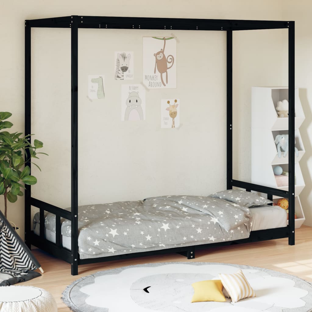 Sängram för barn svart 90x190 cm massiv furu - HQ5