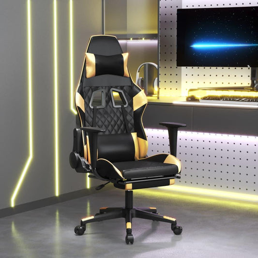 Gamingstol med massage och fotstöd svart och guld konstläder - HQ5