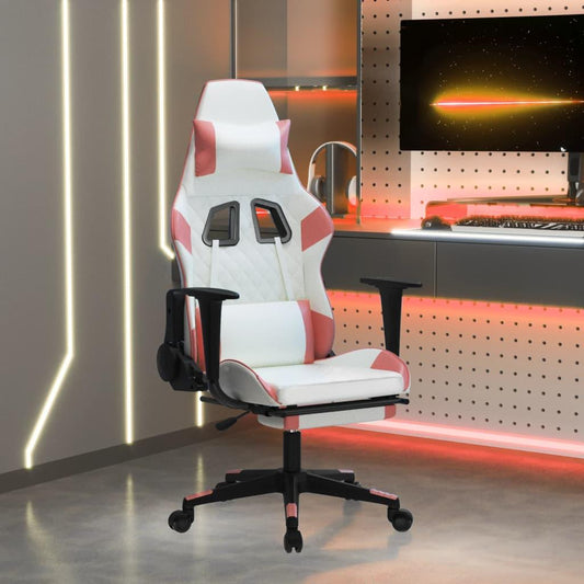 Gamingstol med massage och fotstöd vit och rosa konstläder - HQ5