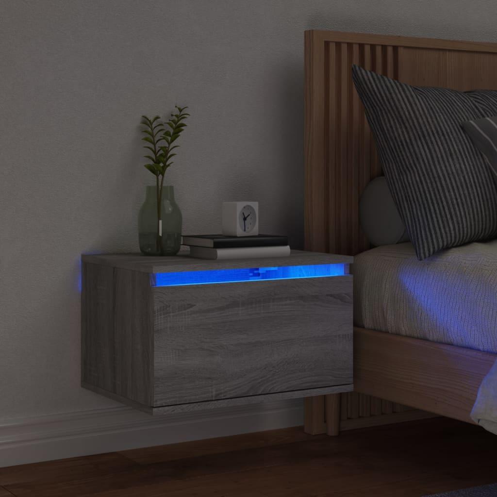Väggmonterat sängbord med LED-lampor grå sonoma - HQ5